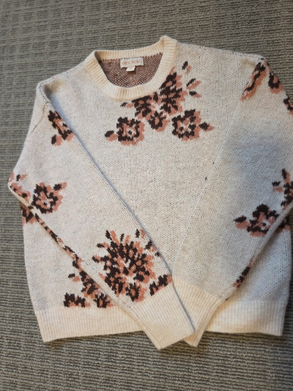 Knox Rose Cream Crewneck Sweater with Pink and Brown Floral Pattern